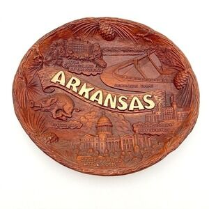 Vintage Lugene's Inc. Arkansas State Souvenir Plate Faux Wood Resin Wall Hanging
